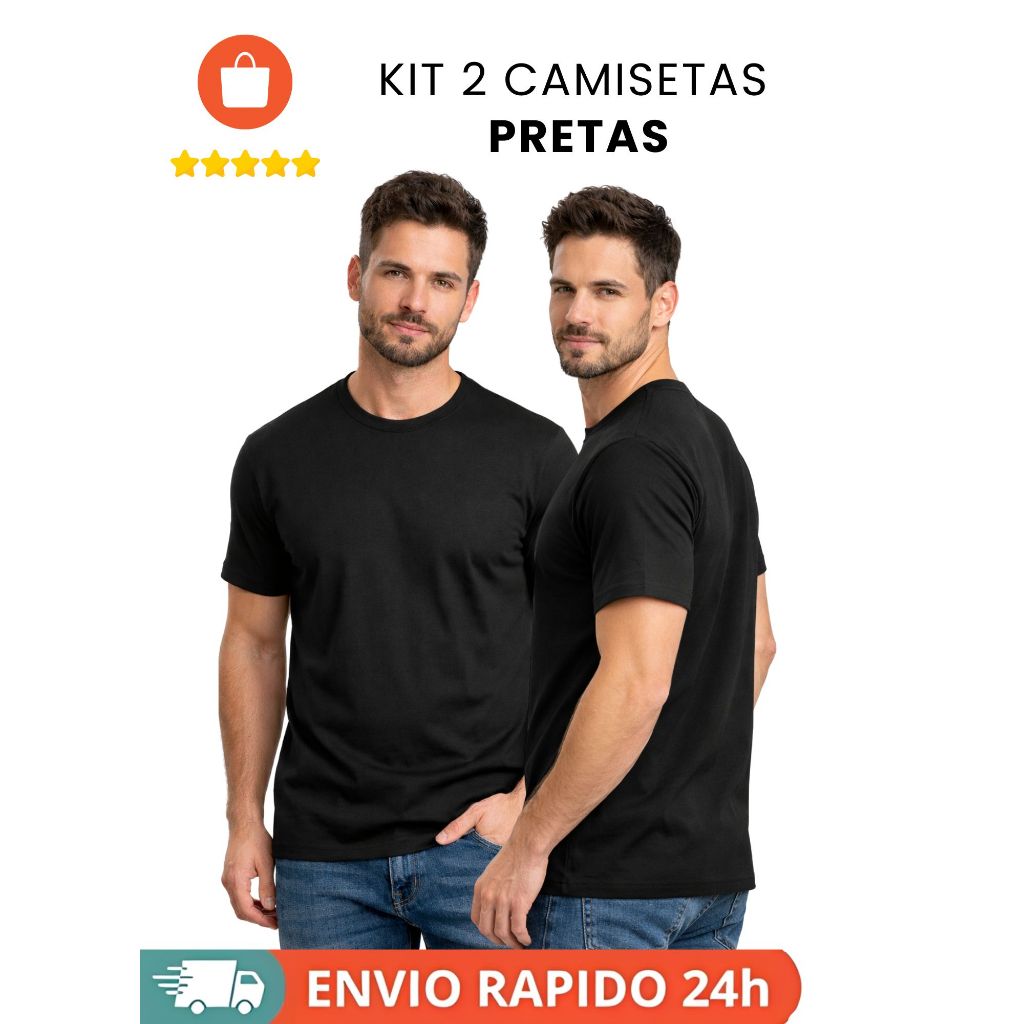 Kit Camisetas Pretas Masculinas Básicas 100% Algodão Premium