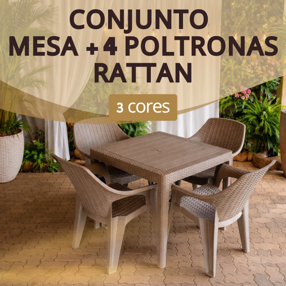 Conjunto Mesa com 4 Cadeiras Poltrona Rattan Reforçada Jantar Jardim Salão Área Lazer Piscina