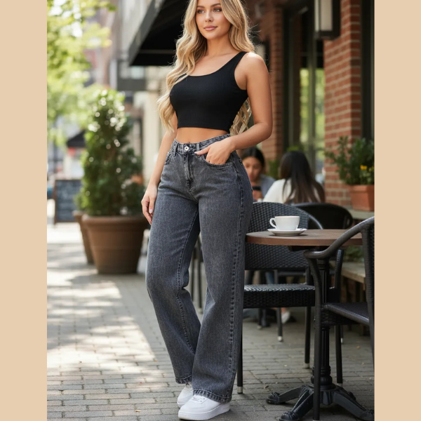 Calça Jeans Feminina Wide Leg Cintura Alta Pantalona Cinza Grafite do 34 ao 44