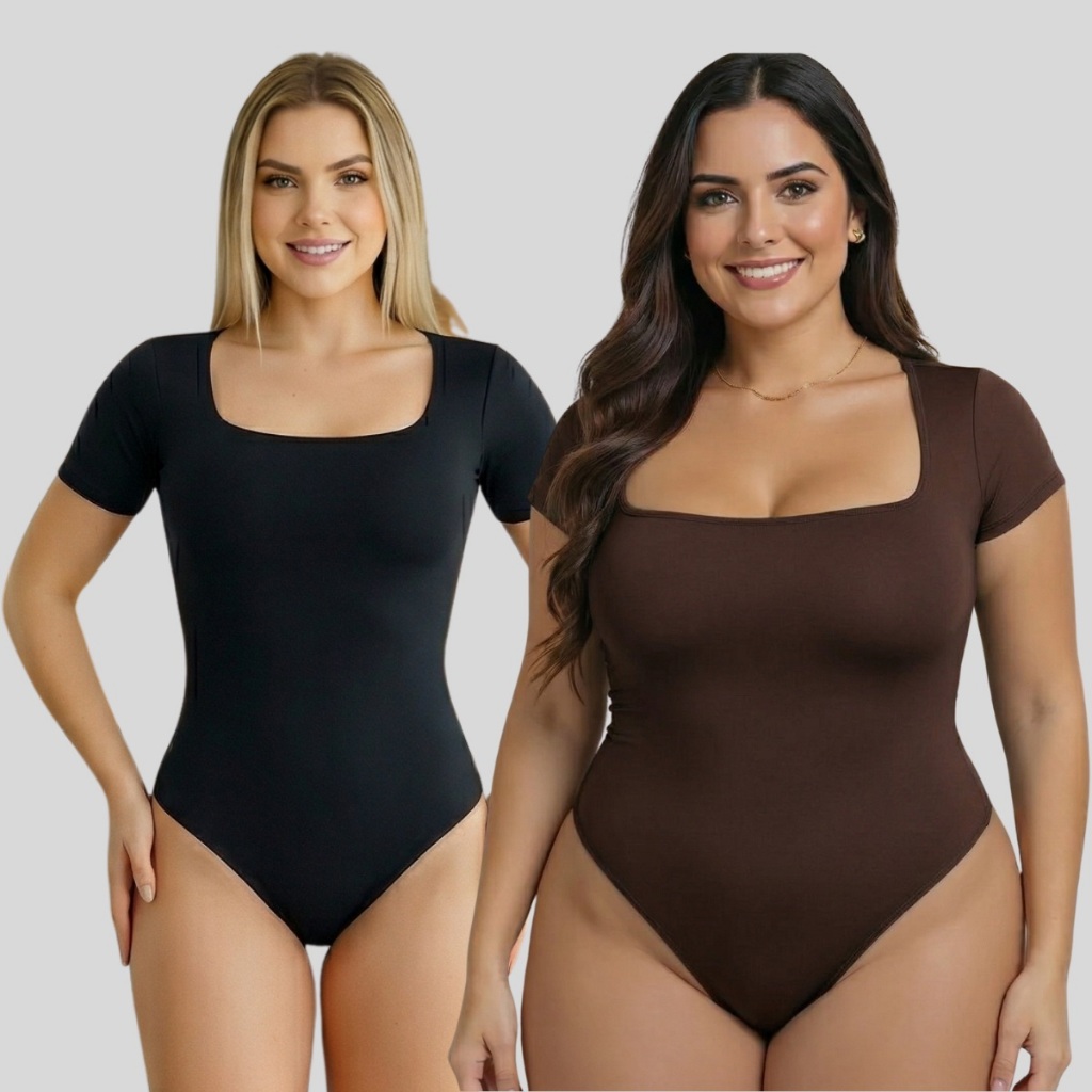 Body Feminino Manga Curta Decote Quadrado 36 ao 50 Plus Size Forro Duplo Moda Blogueira Tendência Suplex Premium em Oferta na Shopee