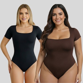 Body Feminino Manga Curta Decote Quadrado 36 ao 50 Plus Size Forro Duplo Moda Blogueira Tendência Suplex Premium em Oferta na Shopee
