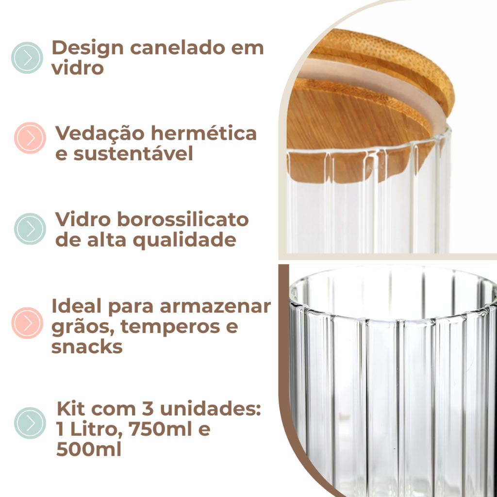 Kit 3 Potes De Vidro Canelado Hermético Mantimentos Com Tampa Bambu 1000ml 750ml e 500ML · foto 2