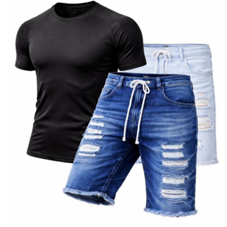 Kit Camisa Dry Fit Uv + Bermuda Jeans Masculina C/ Lycra Casual Confortável Estilo em Oferta na Shopee