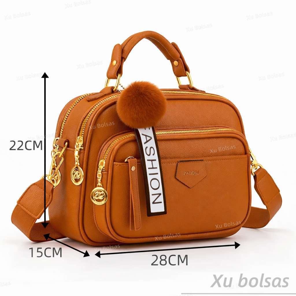 Bolsa Feminina Com Chaveiro De Pompom Tira Colo Faixa de Mão De Couro Tranversal ZQ002#