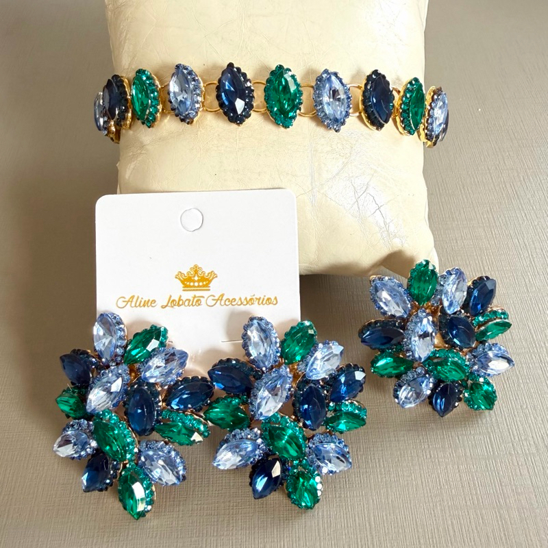 kit Pulseira Brinco e Anel Tons de Azul Marinho Serenity Turquesa Pedrarias para Madrinhas e Formandas