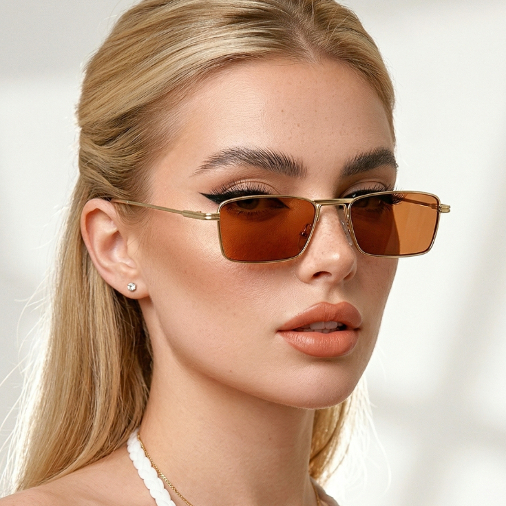 Óculos de Sol Retangular Premium Dourado e Marrom Fino Elegante Em Alta Tendencia Retro uv400