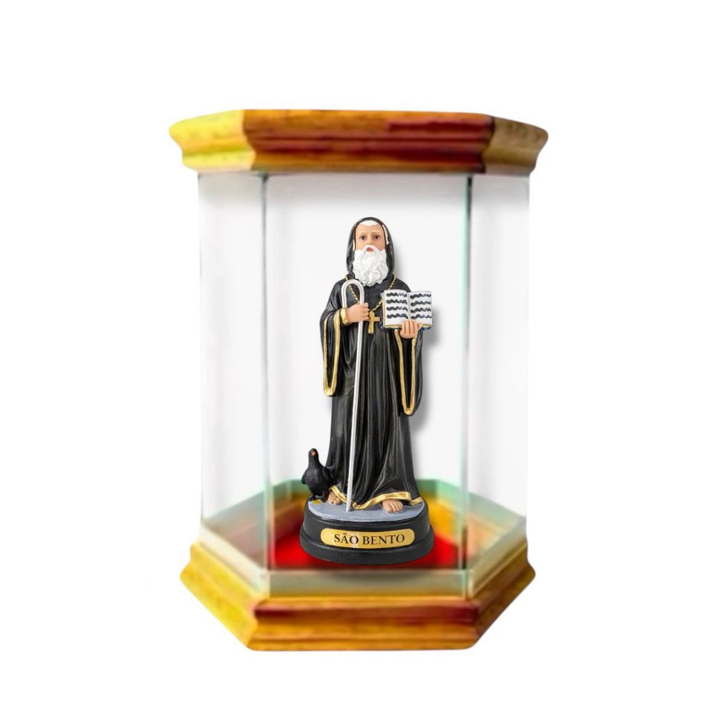 Imagem Sao Bento 15cm Resina com Redoma Oratorio de Vidro