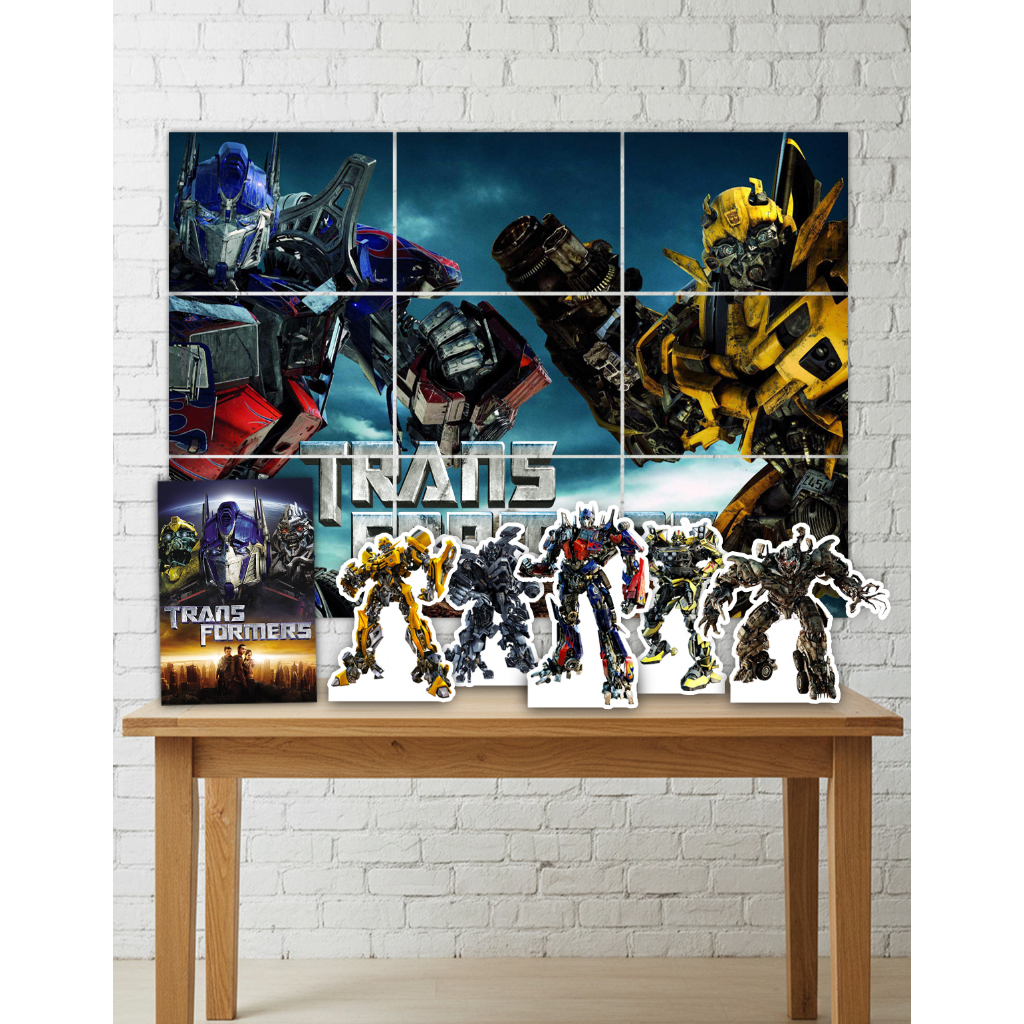 Kit Decoração Festa Infantil Painel + 5 Displays + Quadro de Mesa Transformers