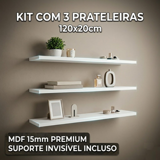 Prateleira MDF 120x20cm 15mm Branco/Preto com Suporte Invisível – Kit 1, 2 ou 3 Unidades em Oferta na Shopee