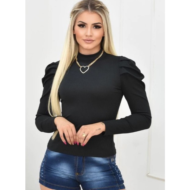 Blusa Feminina Canelada Gola Alta Manga Princesa Manga Longa 2026 Inverno