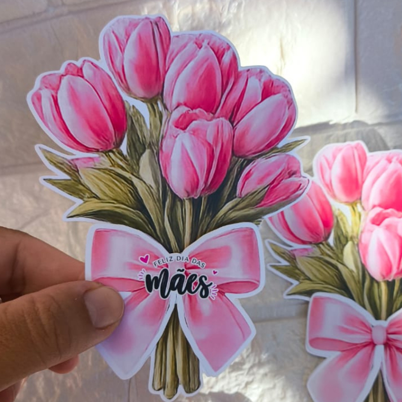 Card Buque Lembrancinha dia das Mães Buque Tulipas Girassol | Mimos Batom, manteiga de cacau Brinde