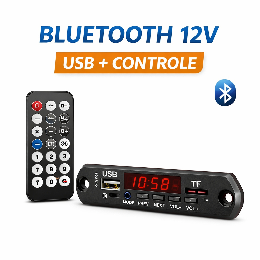 Módulo MP3 Bluetooth 12V USB FM AUX Controle Som Caixa Automotivo