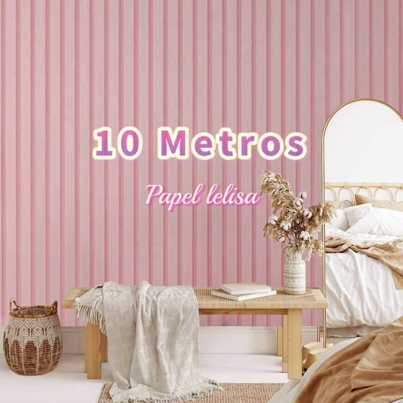 Papel de Parede Ripado Rosa 10 METROS x 45CM Adesivo Autocolante para Sala, Quarto