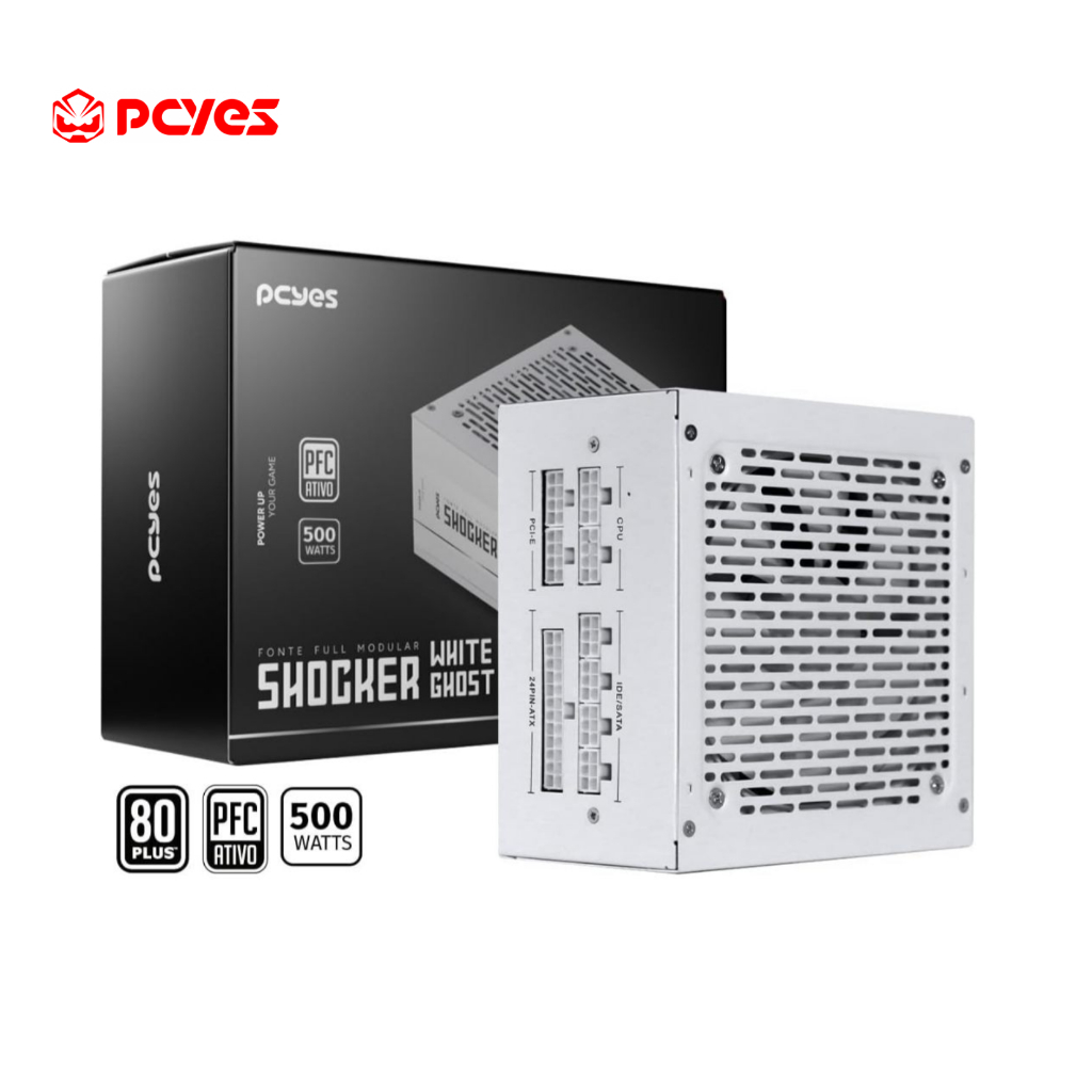 FONTE GAMER PCYES SHOCKER FULL MODULAR 500W 80 PLUS WHITE - WHITE GHOST - FM500WWG