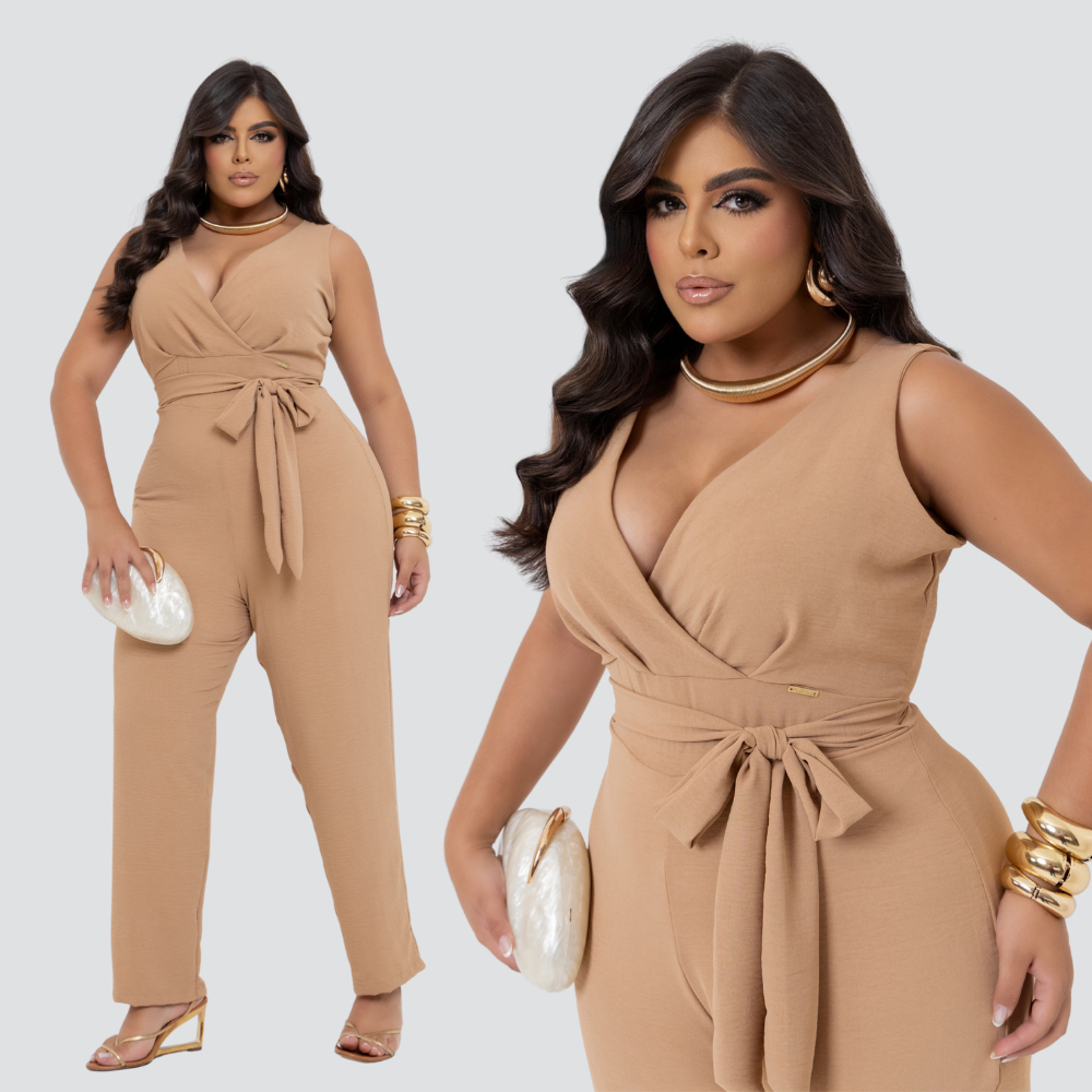 Macacão Longo Feminino Plus Size Duna Premium Decote V Transpassado Elegante Confortável