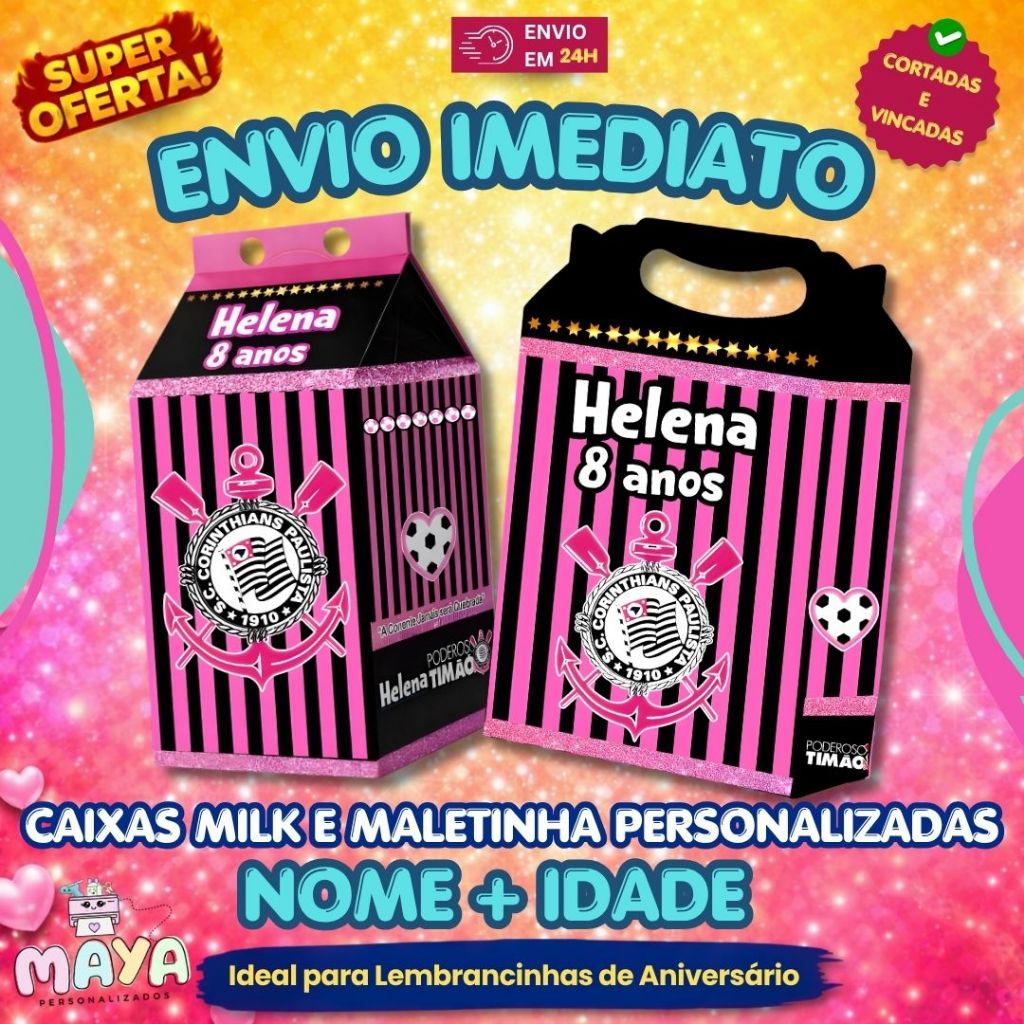 Caixa Milk Caixa Maleta Corinthians Rosa Personalizada Nome e Idade Lembrancinhas  Festa Aniversário