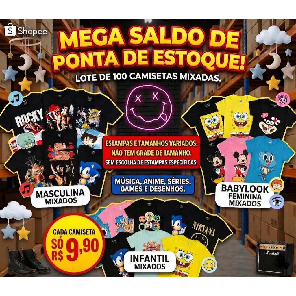 Lote Atacado 100 Camisetas Saldo Ponta de Estoque - Revenda (Masculina, Babylook e Infantil)