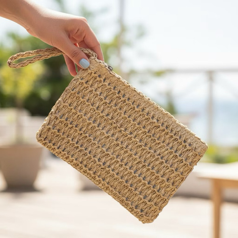 Carteira de Mão Pequena Bolsa Carteira Clutch de Palha Compacta Elegante Porta Cartao Batom Cnh Envio Imediato