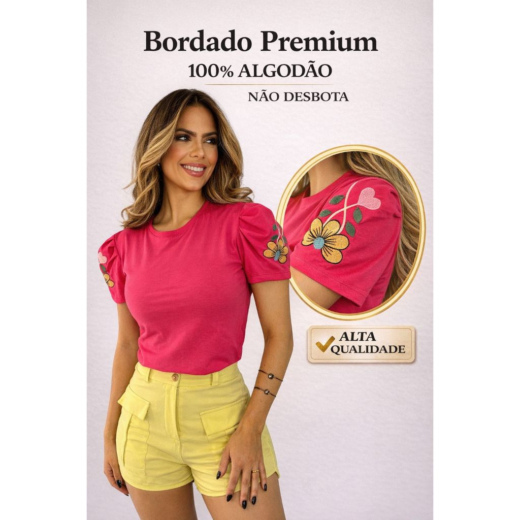 T-Shirt Premium Manga Bufante Tendência Blogueira Bordada Algodão em Oferta na Shopee