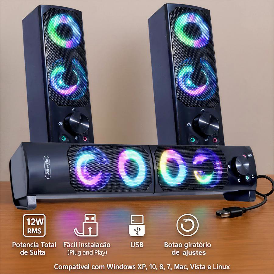 Caixa de Som Soundbar Gamer com Subwoofer, conexão P2, LED RGB, ideal para PC, notebook, celular e tablet, som potente e