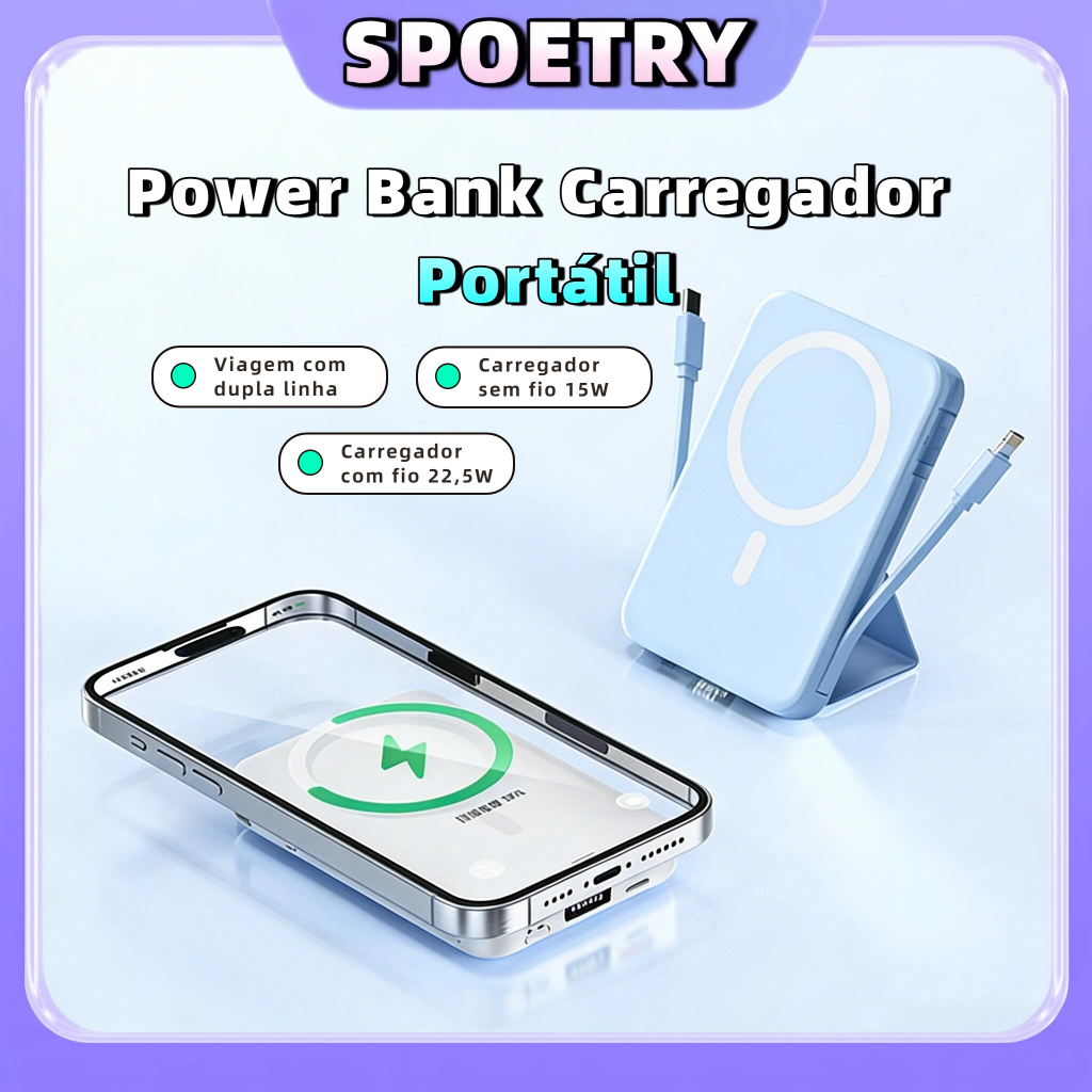 Carregador Portátil Power Bank Ultra Mini Bateria 10000mah 22.5w Por indução Magnético Com Suporte