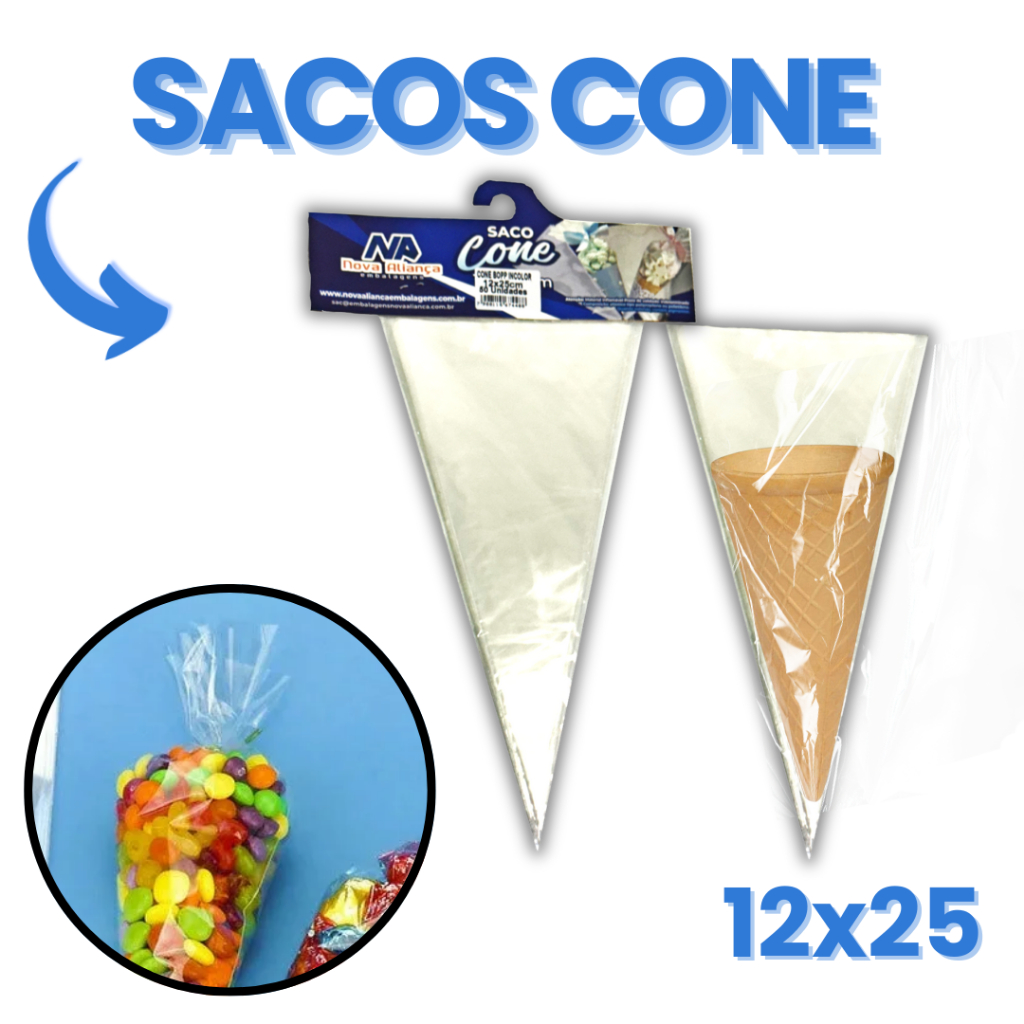 Sacos Cone Trufado 12x25 Plástico BOPP Transparente