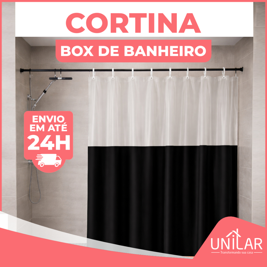 Cortina Box Para Banheiro Anti Mofo Com Ganchos e Visor Transparente