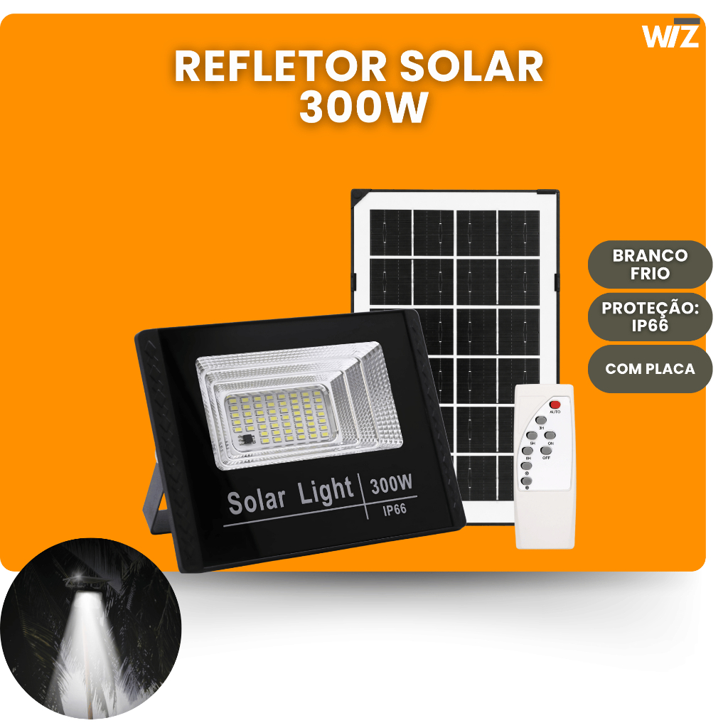 Refletor Solar Led Holofote 300w Placa Bateria Prova D'água Preto Luz Branco Frio em Oferta na Shopee