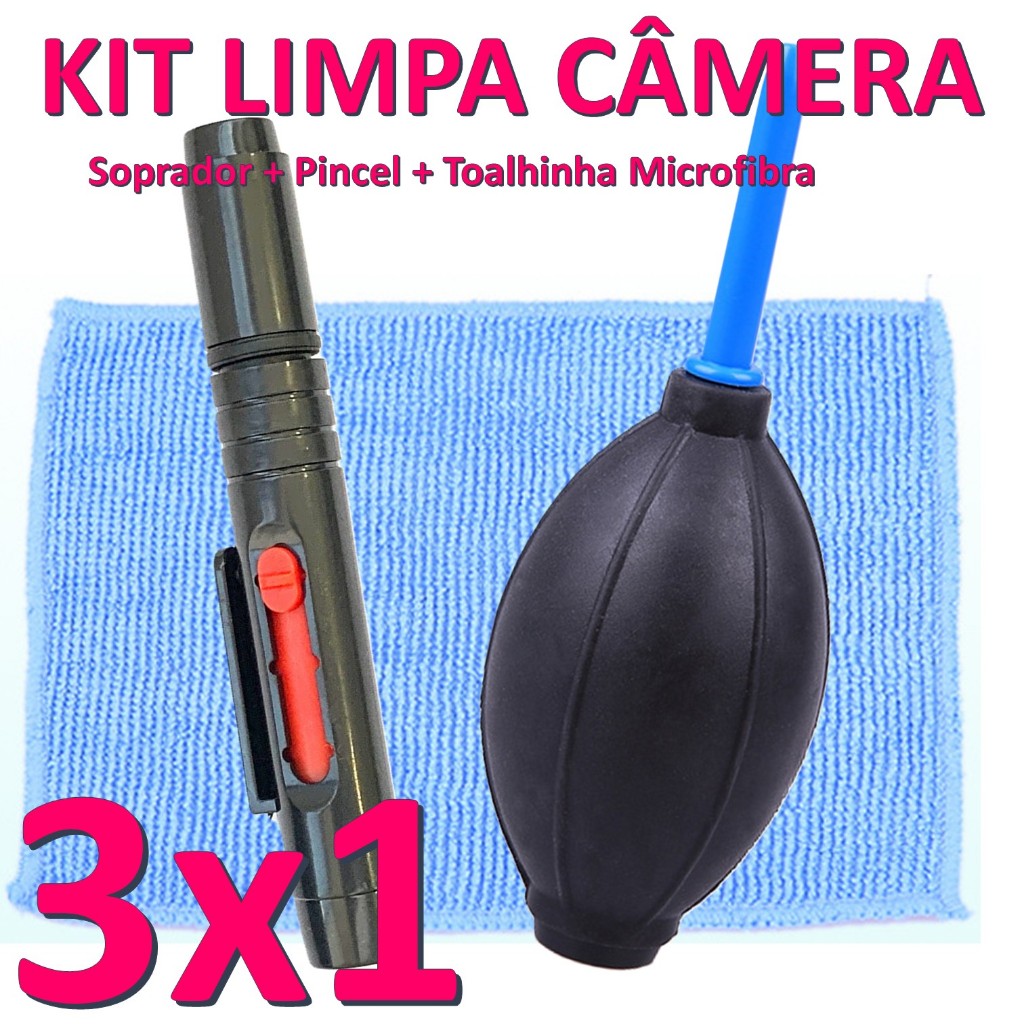 Kit Limpeza Câmera Profissional 3 em 1 Soprador Pincel e Pano para Lentes e Sensores