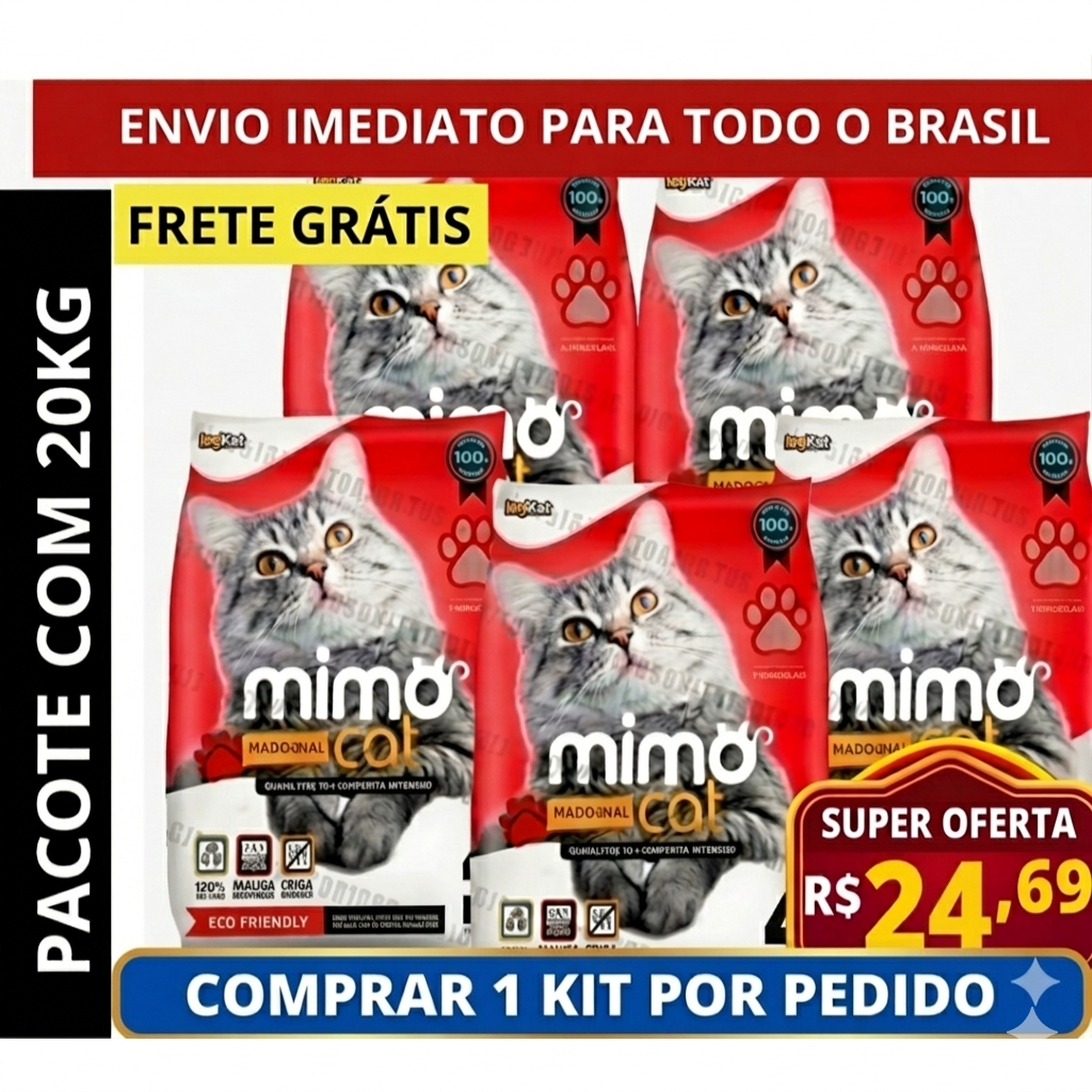 Kit 5 Areia Sanitária Higiênica Argila Natural para Gatos Grãos Médios Tradicional 20 kg Mimo Cat