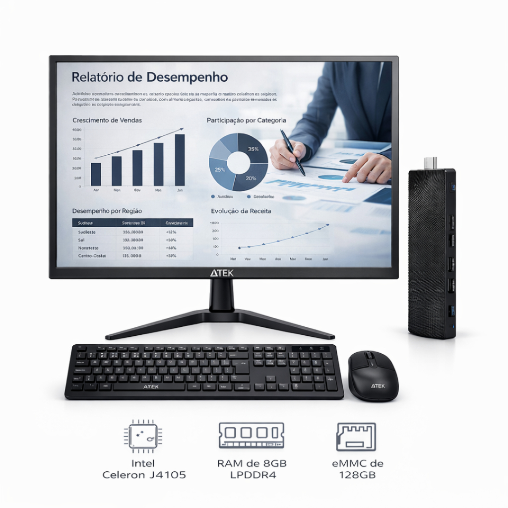 Computador Completo Mini PC Stick 8GB RAM 128GB Monitor 22" Full HD WiFi HDMI com Teclado e Mouse