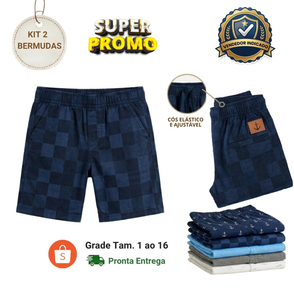 Kit 2 Bermuda Infantil Masculina Menino Moletinho Verão Moda Bloguerinho Estiloso Roupa de Criança