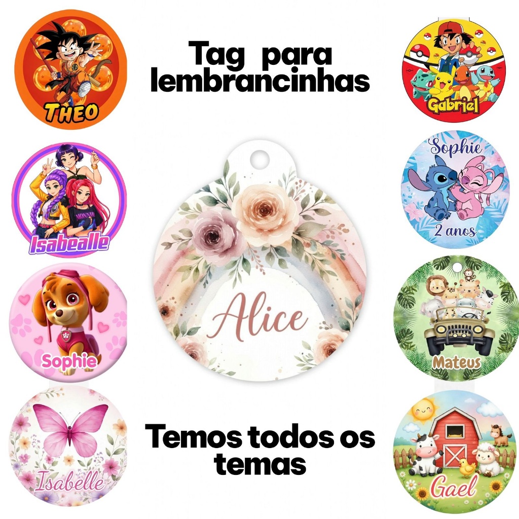 Tag Personalizada 4cm todos os temas - Lembrancinha Festa Infantil adulto presentes mimo