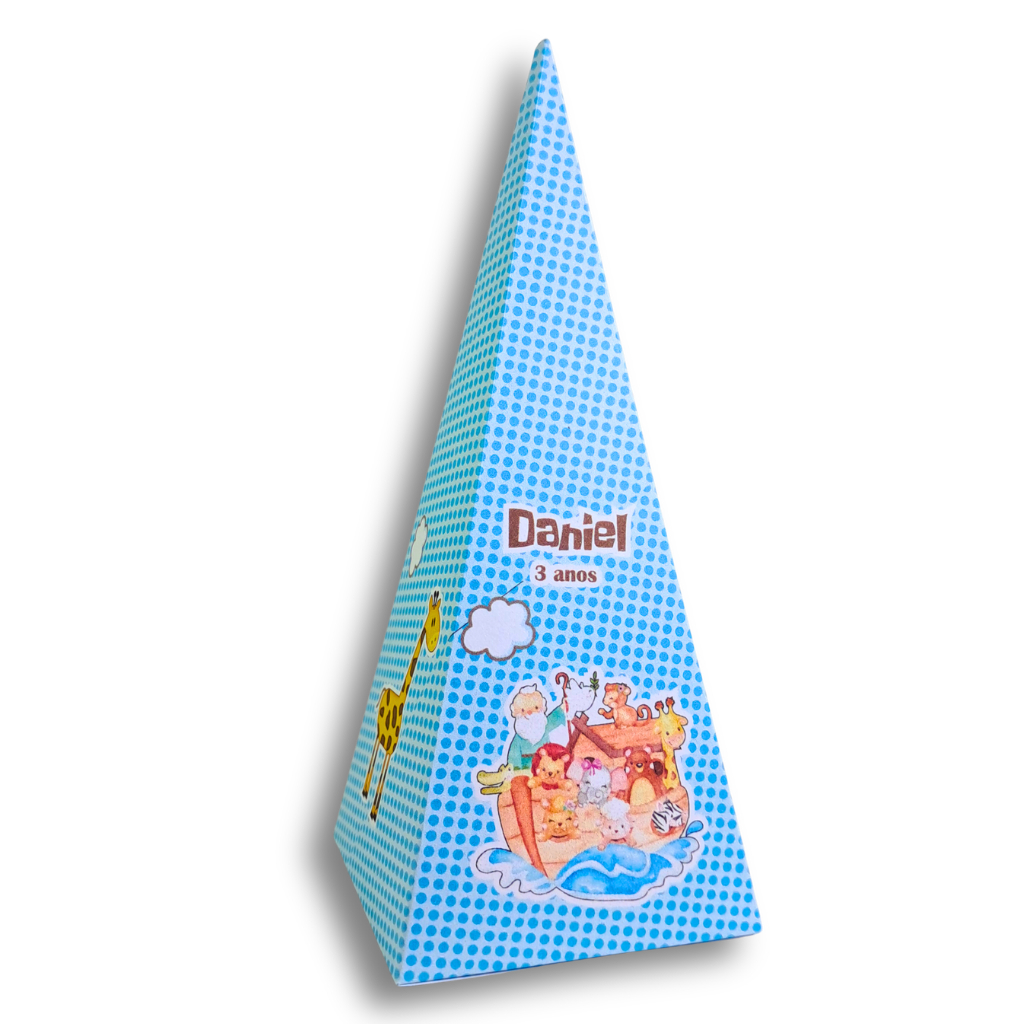 Caixinhas Pirâmide Arca de Noé personalizadas para festa infantil - lembrancinha de batizado