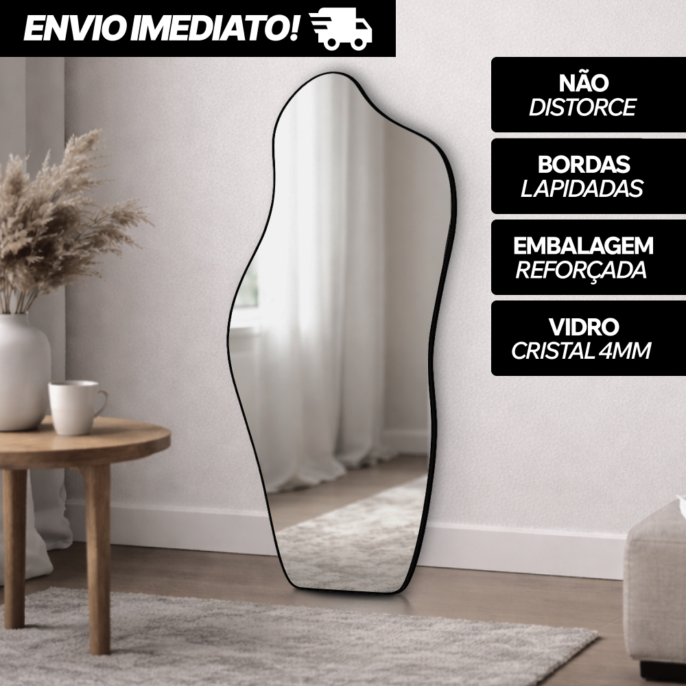 Espelho Orgânico Pinterest Grande Corpo Inteiro Vidro Cristal 115x50cm 100x60cm Moldura Borda Lapidado C/ Suporte Quarto
