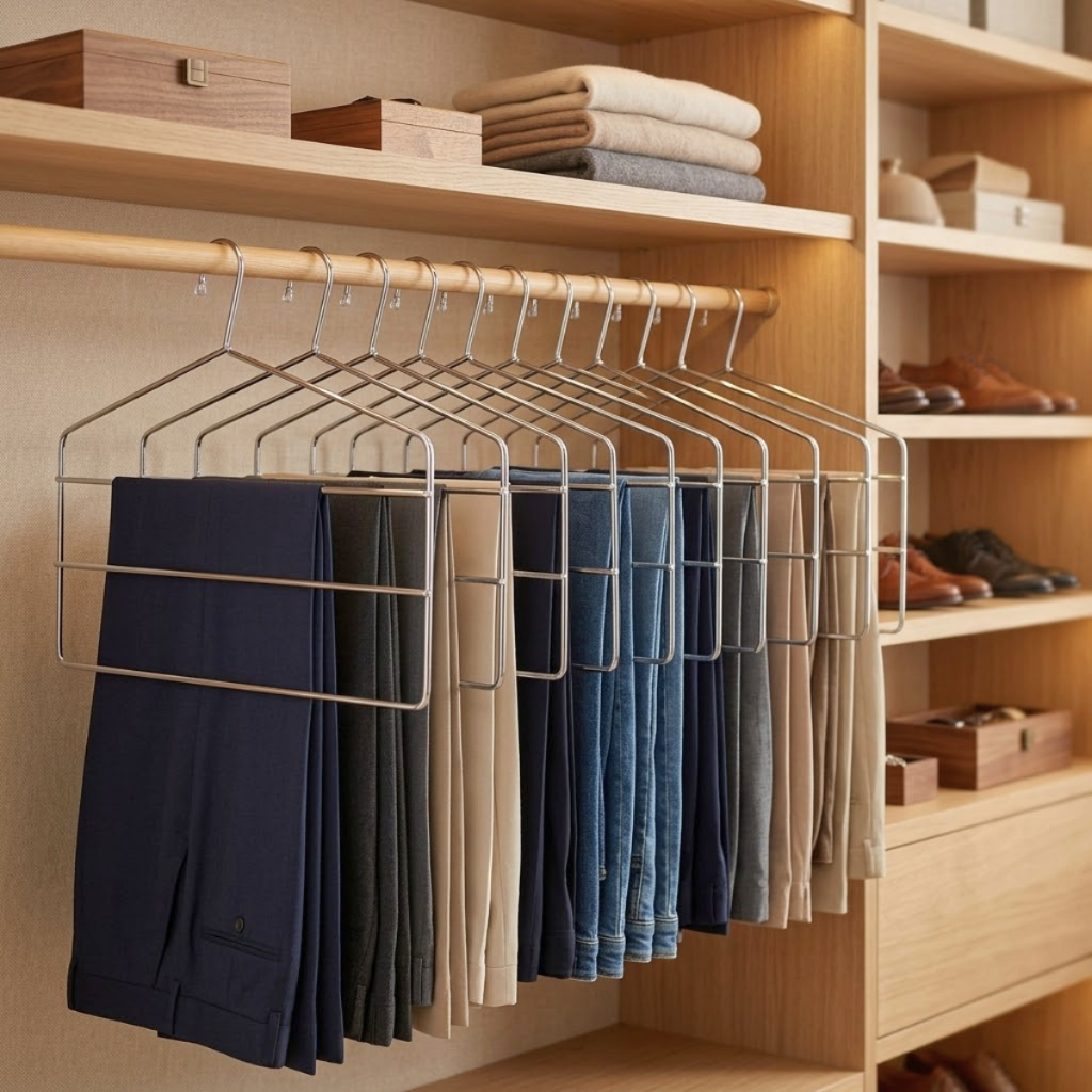Conjunto 3 peças Cabide Para Calças Triplo Aço Cromado Reforçado Calceiro Reforçado Organização