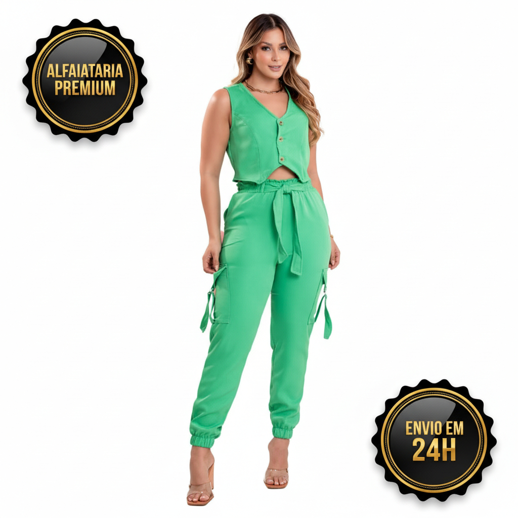 Conjunto Feminino Alfaiataria Jogger Denim Botões Casual Confortável Elegante Premium Envio 24h
