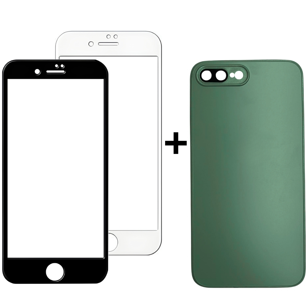 Kit Capinha Verde Militar Vidro Fosco e Película para Iphone 7 Plus e Iphone 8 Plus 3D Transparente