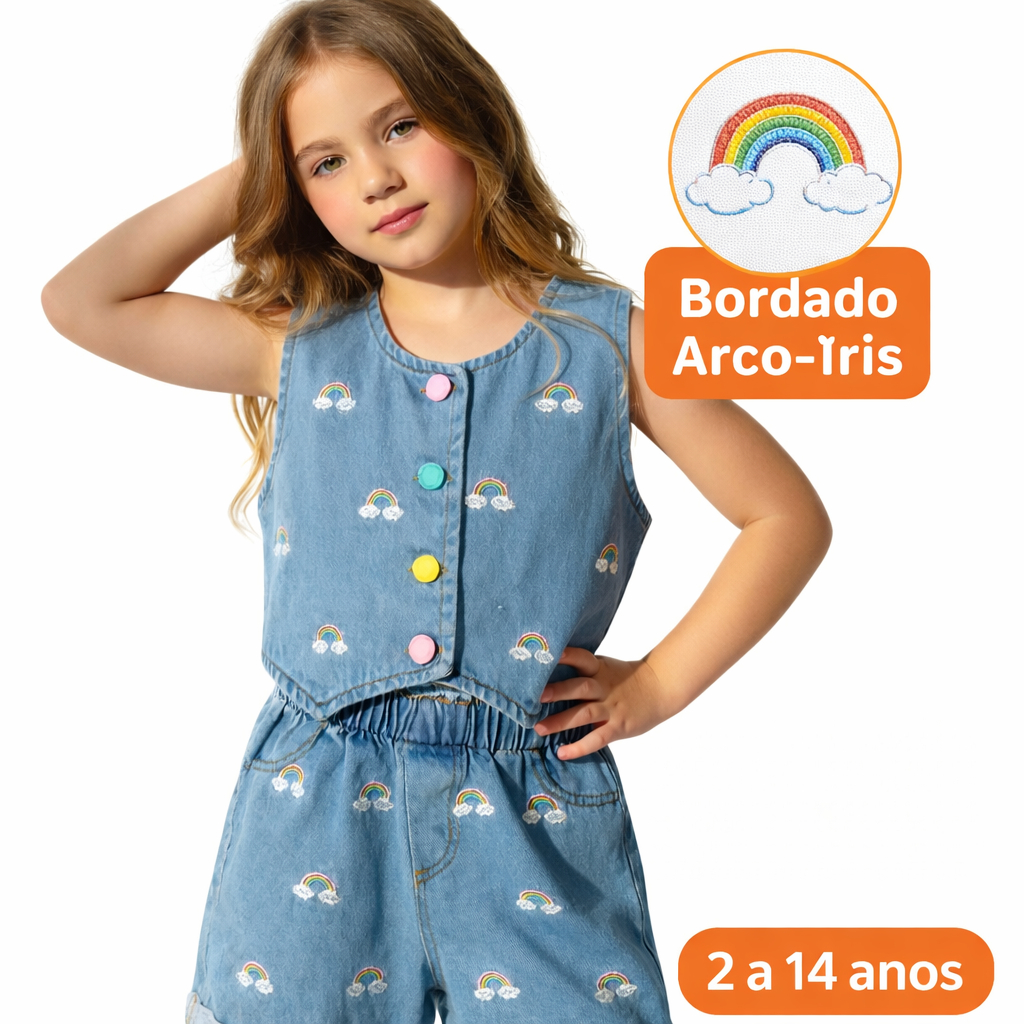 Conjunto Infantil Menina Jeans Bordado Arco-Íris Short Colete -Moda Verão Blogueirinha - 2 a 14 Anos