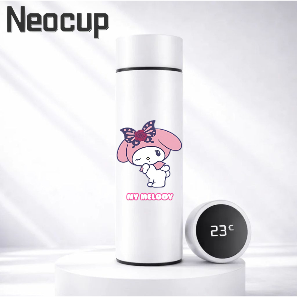 garrafa térmica aço inoxidável DISNEY SANRIO x MY MELODY com estampa com termômetro digital 500ml