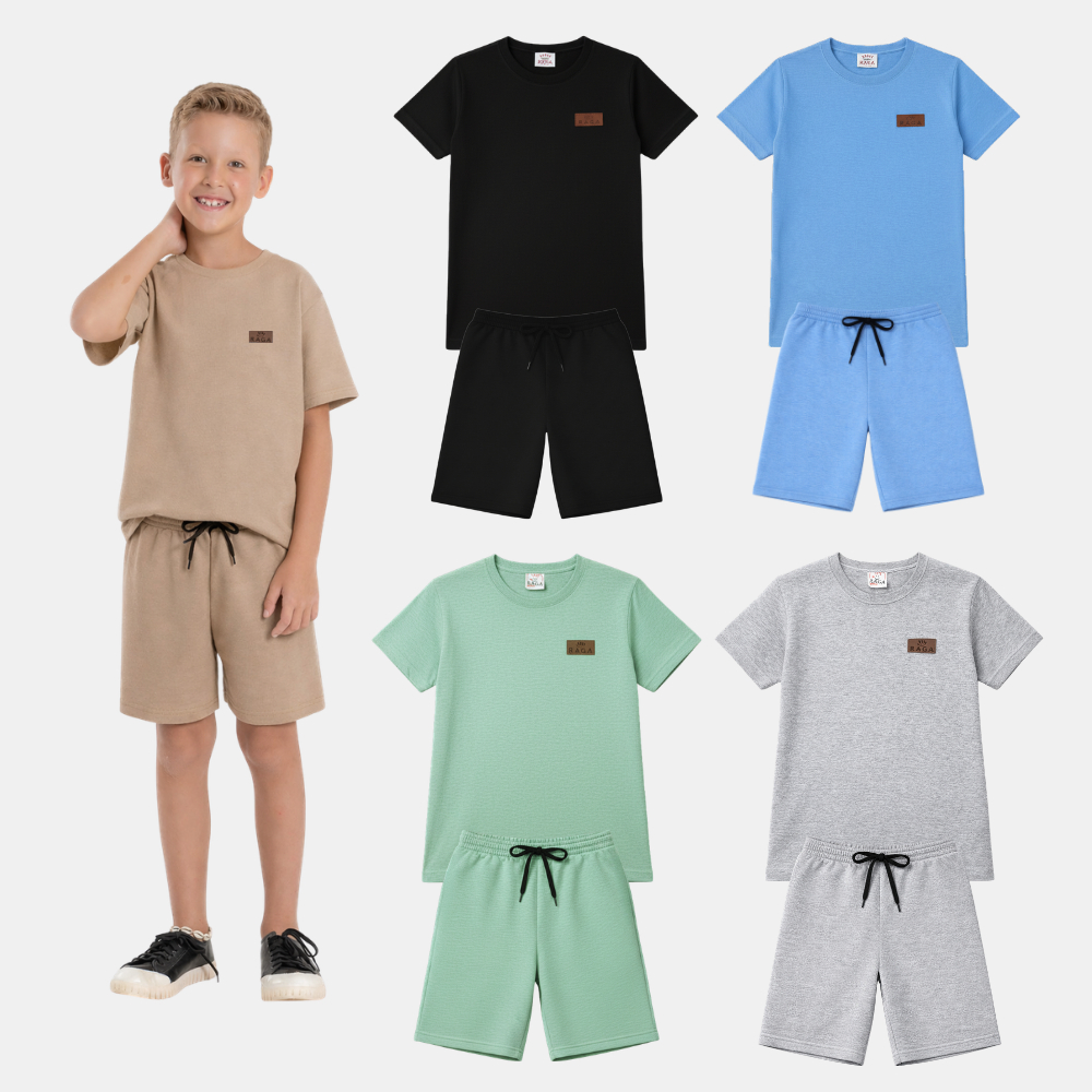 Kit 4 Peças Infantil Juvenil Menino Verão Liso Monocromático Premium 2 Camisetas 2 Bermudas 1 Ao 14
