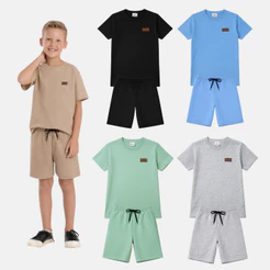 Kit 4 Peças Infantil Juvenil Menino Verão Liso Monocromático Premium 2 Camisetas 2 Bermudas 1 Ao 14