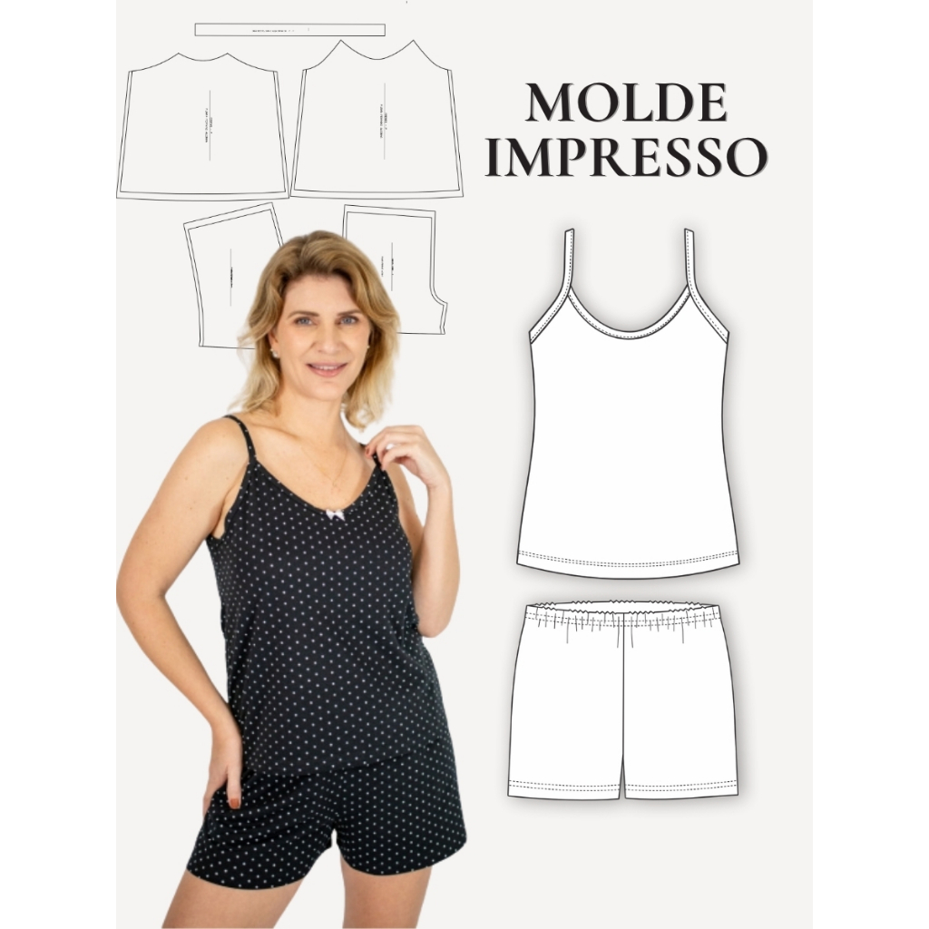 MOLDE EM PAPEL PARA COSTURA IMPRESSO DE PIJAMA FEMININO ALCINHAS- MOLDE DE ROUPA - MOLDE PAPEL KRAFT