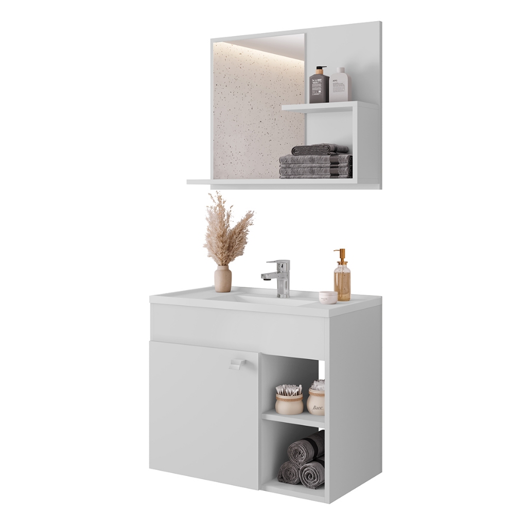 Gabinete Kit completo para Banheiro Gênova 55cm com Espelheira e Cuba em Mármore Sintético 100% MDF