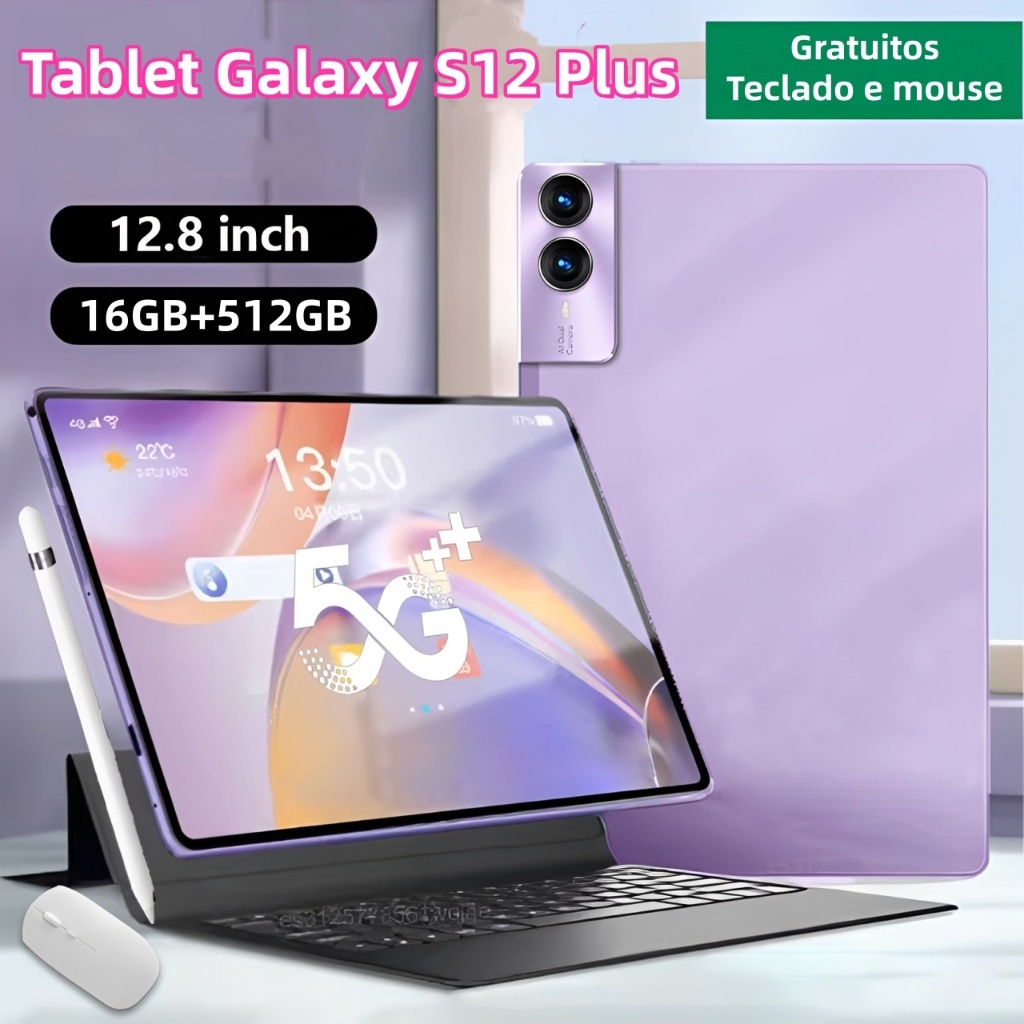 【Teclado, mouse e fone de ouvido gratuito】Tablet Galaxy S12 Plus 16 GB + 512 GB 8800 mAh 12,8 polegadas HD Dual SIM Wifi