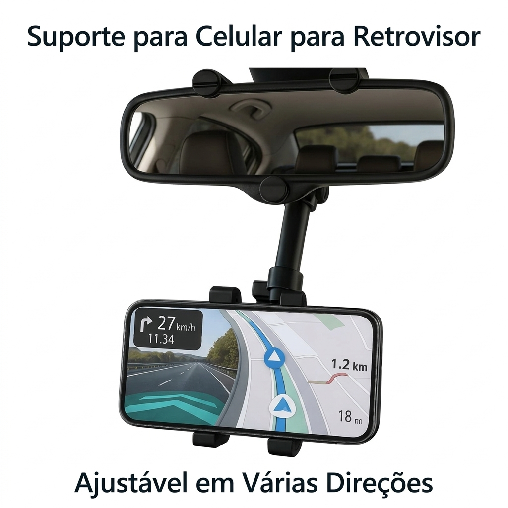 Suporte para Celular no Retrovisor do Carro-Extensível, Giro 360º,Ajuste Universal, Instalação Fácil