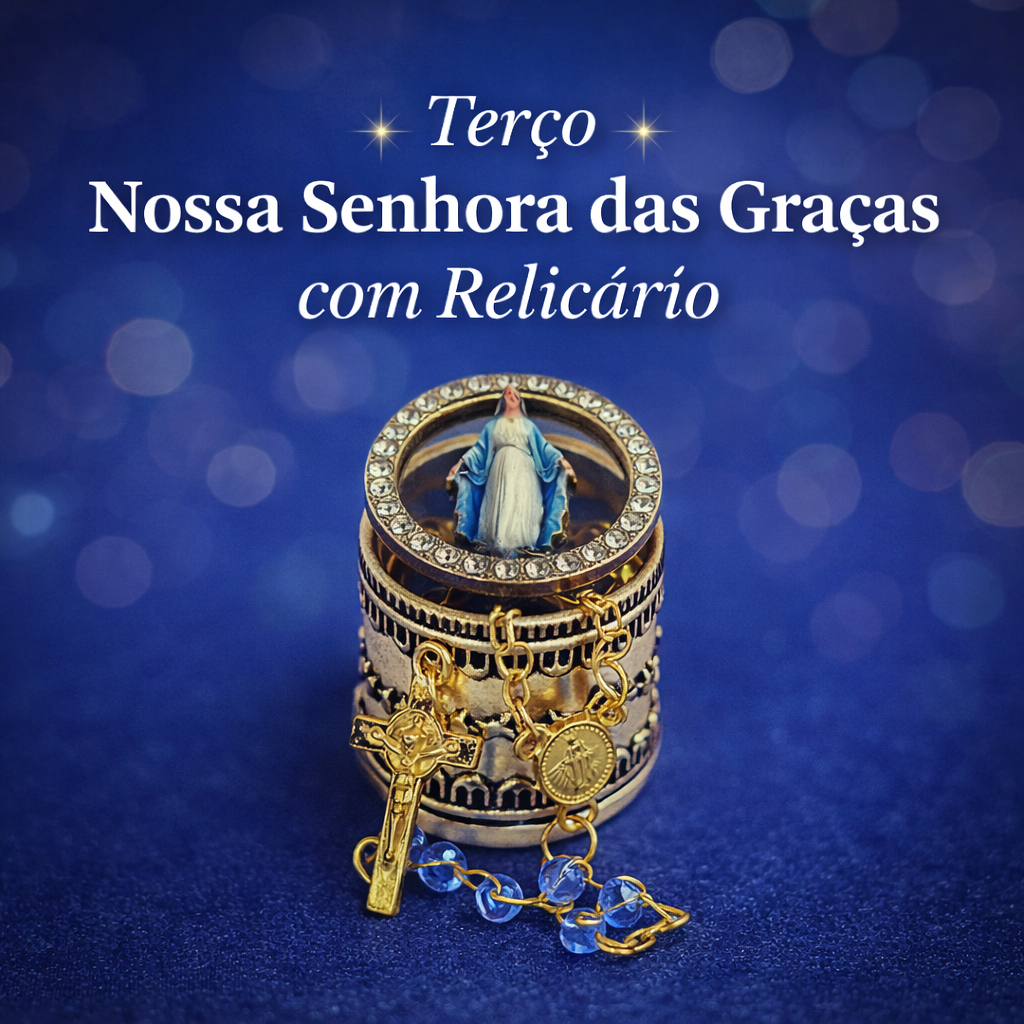 Relicário Nossa Senhora das Graças com Terço Dourado Tampa Cravejada Católico Presente Fé — imagem 2 de 2