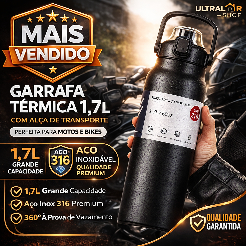 Garrafa Térmica Aço Inoxidável 1700, 900ml Prática Versátil Fácil Alça Para Transporte Com Canudo