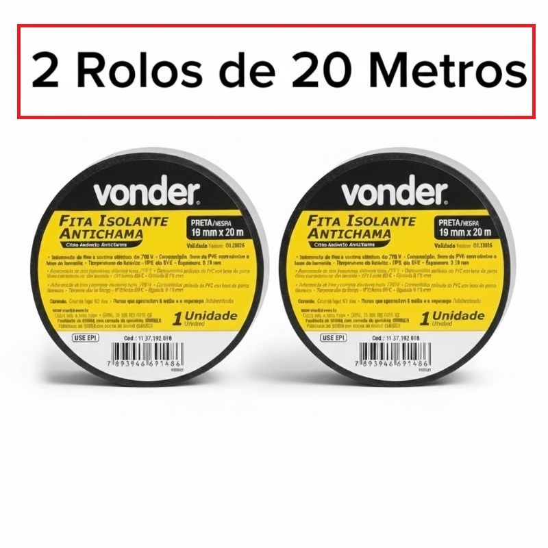 Kit 2 Fita Isolante Vonder Antichama 19mm X 20m Preta 750v