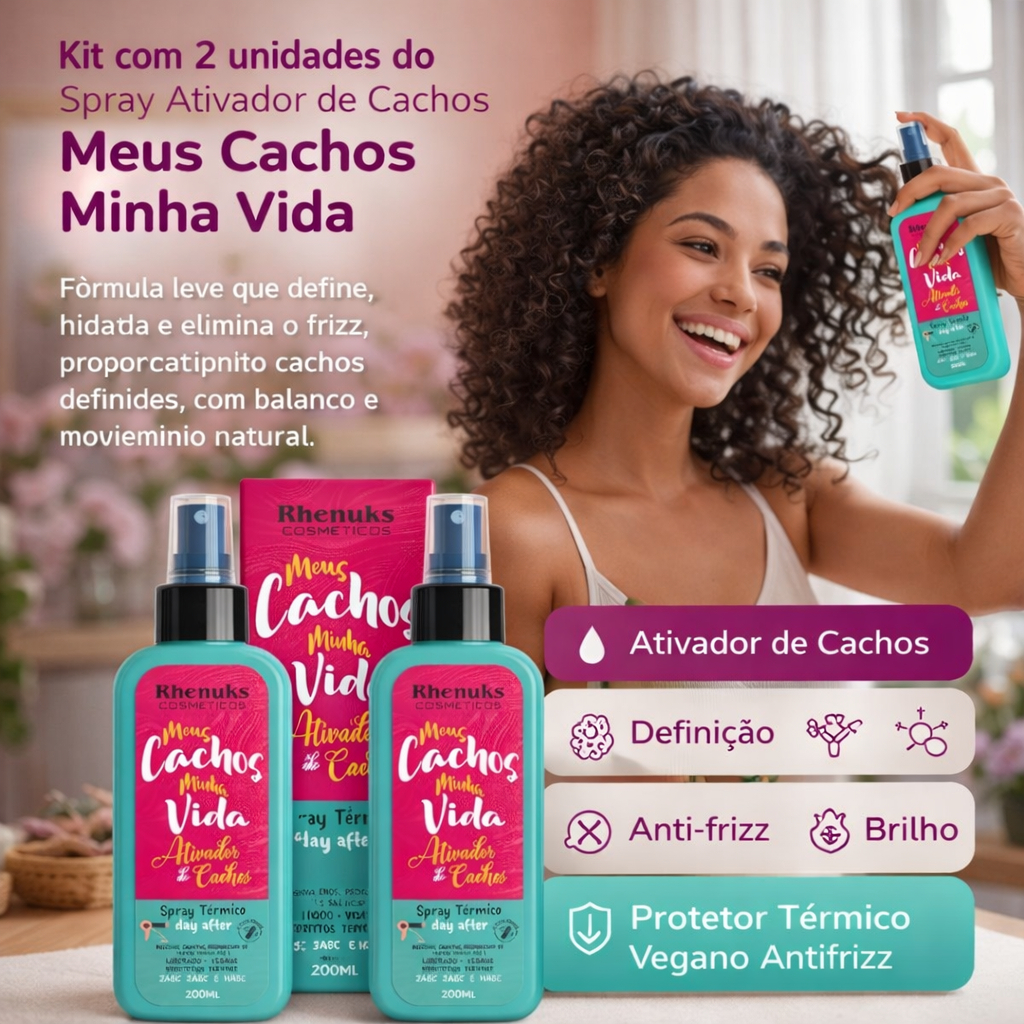 Kit 2 Ativador de Cachos Meus Cachos Minha Vida Rhenuks 200ml Protetor Térmico Vegano Antifrizz